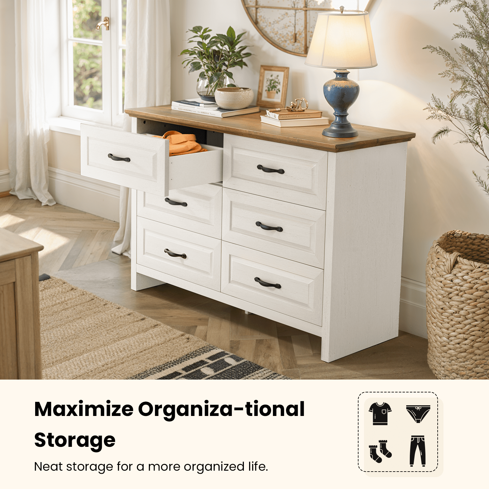 CHITOOMA 6 Drawer Double Dresser, 47.2" Adult Wood Storage Side Cabinet Chest of Drawer for Bedroom Living Room Hallway, White & Brown
