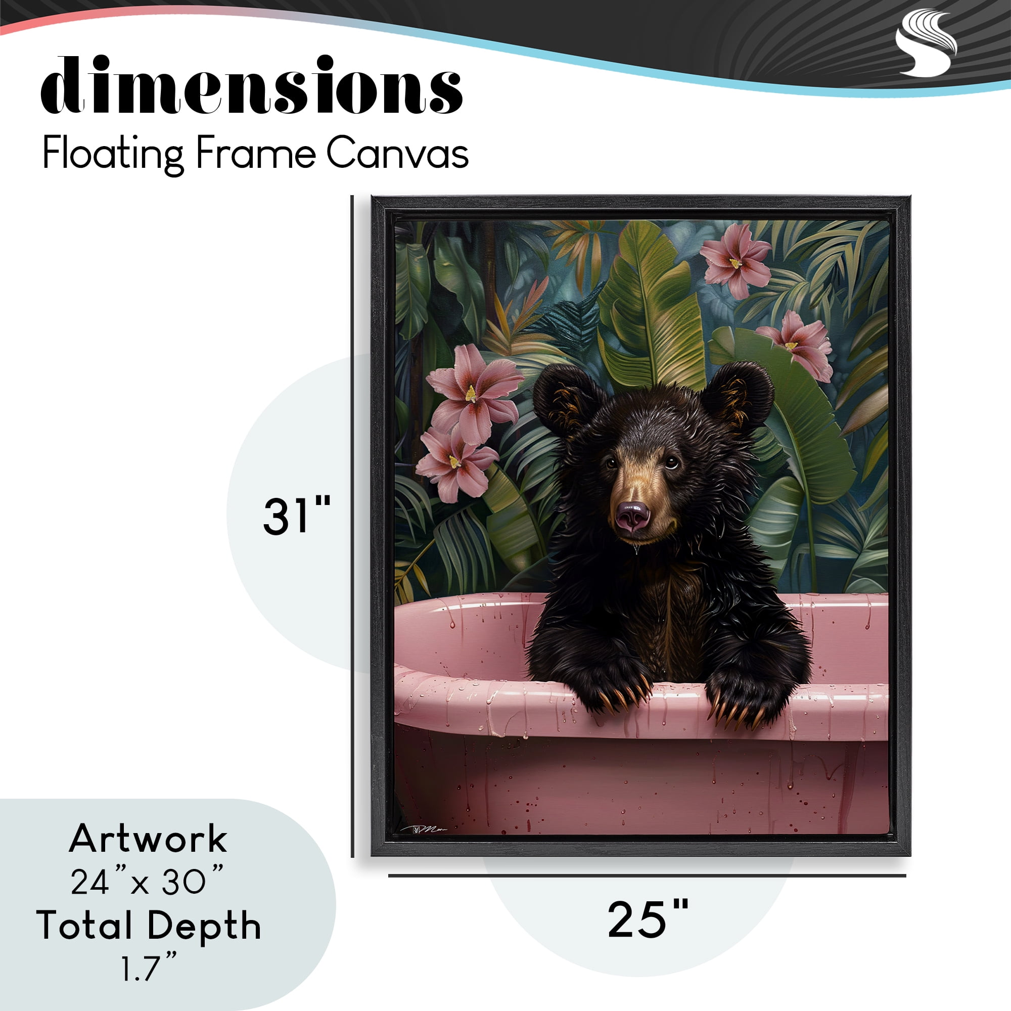 Bruno Bear in Pink Tub Black Framed Floater Canvas Wall Art, design by Momart