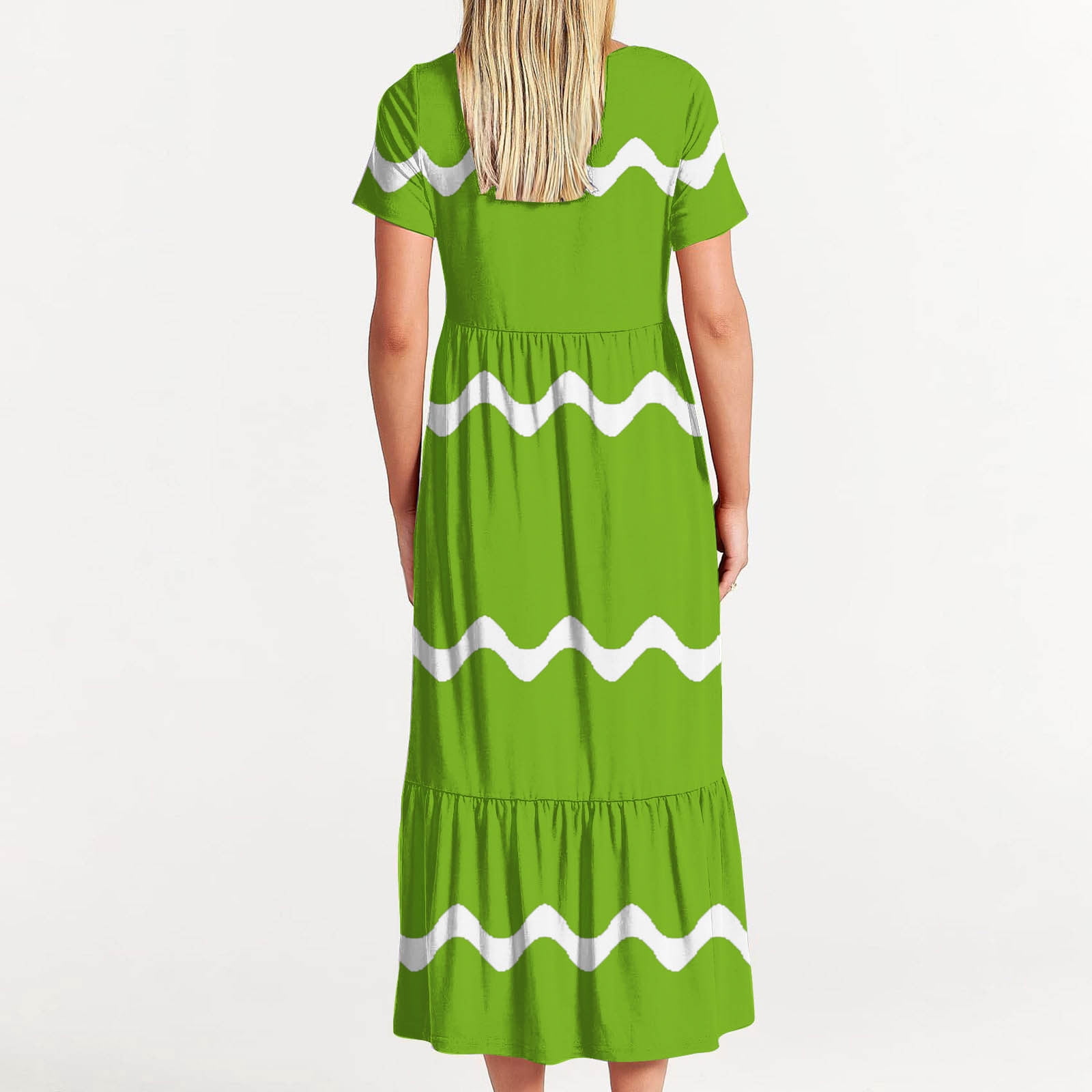 Womens Short Sleeve Mid Long Dress with Pockets Fashion Wave Striped Print Pleated Casual Tiered Maxi T-shirt Dress (XX-Large, Green)