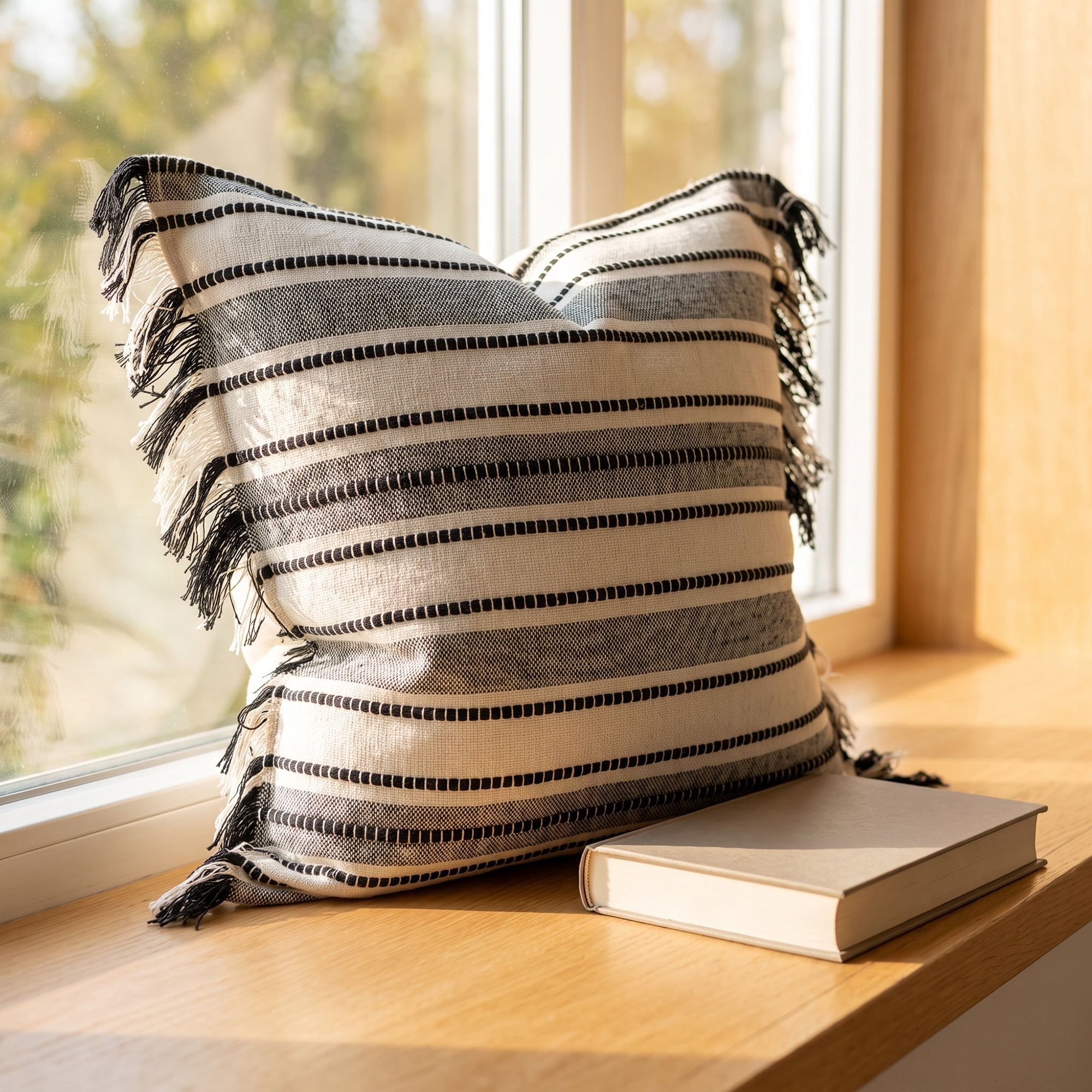 Unique Bargains Boho Stripe Throw Pillow Covers 2 Pack Tassel Cushion Cases Black 18"x18"