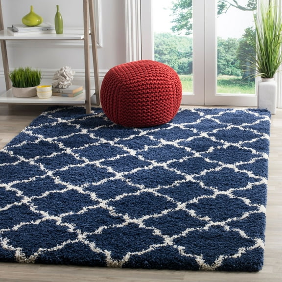SAFAVIEH Hudson Jaye Geometric Shag Area Rug, Navy/Ivory, 7' x 7' Square