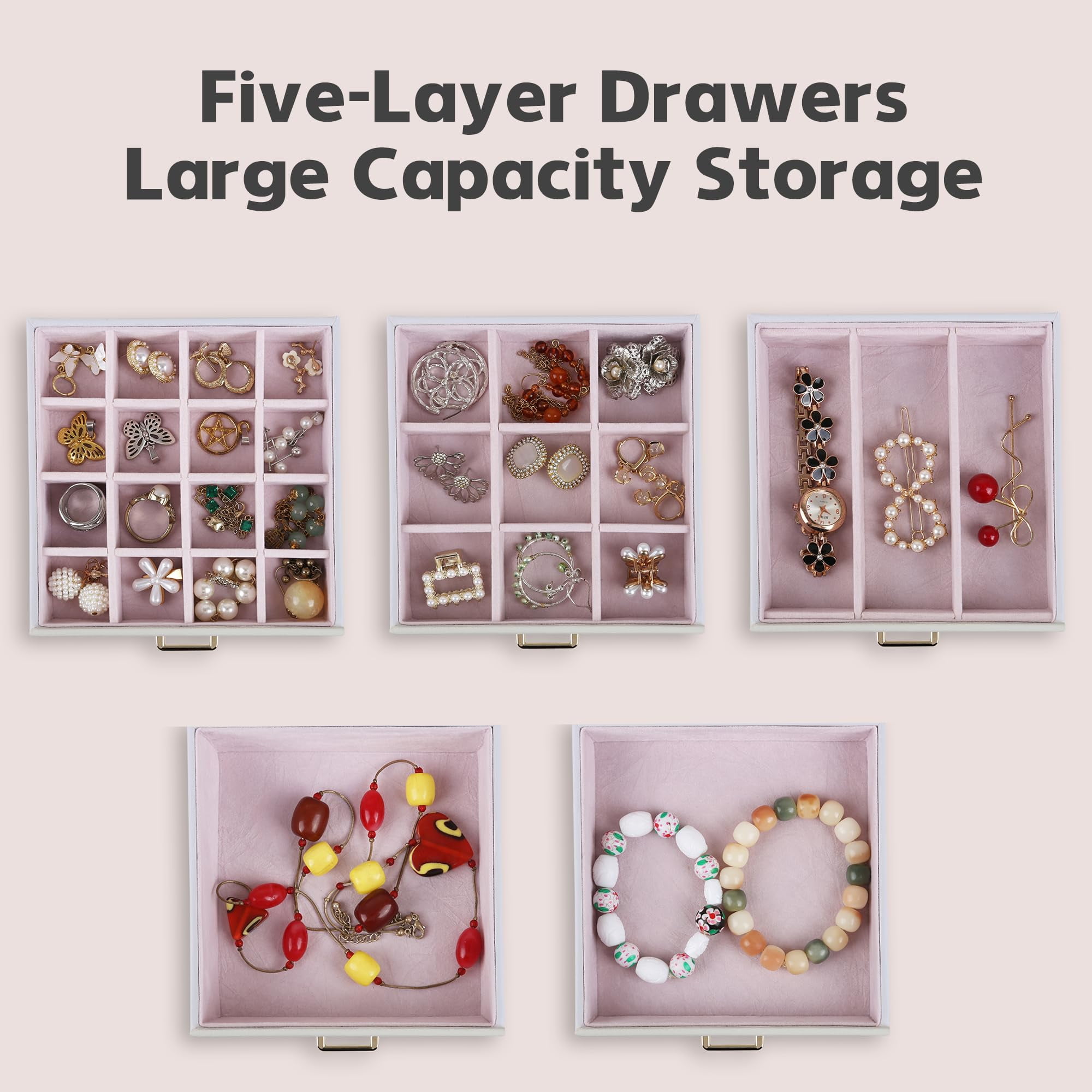 Kendal Jewelry Box, 6-Layer Jewelry Storage Organizer for Necklace Bracelet Rings Watch, 10.2"x8.2"x6" Classic Pink PU Leather 5 Drawers Large Storage Capacity with Mirror