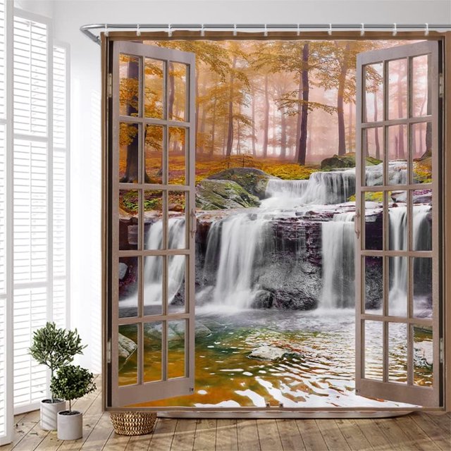 Misty Forest Waterfall Shower Curtain - Tropical Jungle Rainforest Spa Landscape, Creative Window Scenery, Polyester Fabric with Hooks, 70Wx70H Inch, Perfect for a Tranquil and Immersive Bathroom Envi