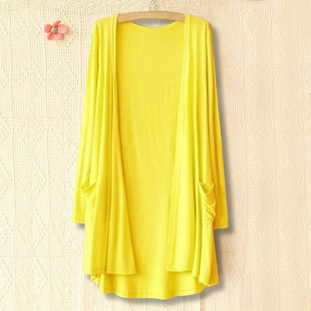 Cárdigan de mujer de color liso con bolsillos, manga larga, largo medio, fino, chaqueta, abrigo