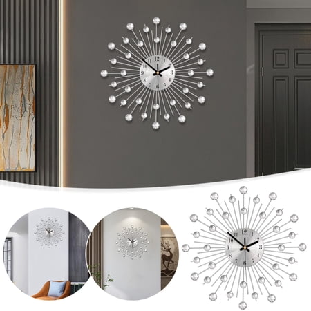 NWOKYZGH Large Wall Clock for Living Room Decor, Non-Ticking Quiet Modern Metal Starburst Bling Silver Crystal Wall Clocks Decor for Bedrooms Kitchen Decorative