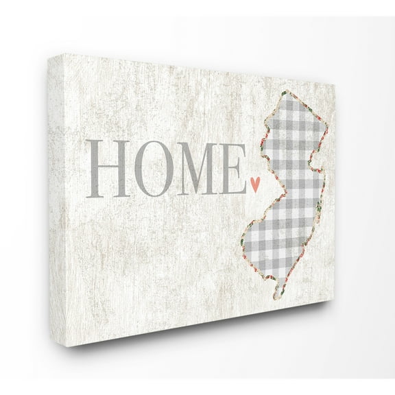 New Jersey Grey Gingham and Floral Heart and Home Stretched Canvas Wall Art, 30 x 1.5 x 40