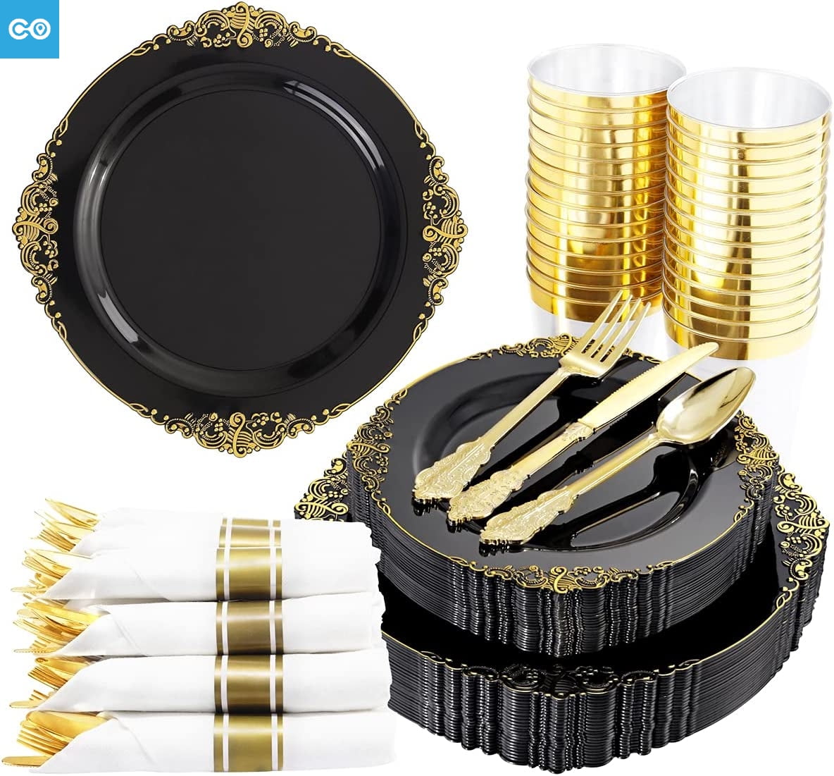 350pcs Black and Gold Plastic Plates with Gold Plastic Silverware For