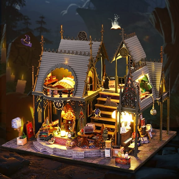 JTWEEN DIY Miniature Dollhouse Kit with Dust Cover Wooden Magic Cabin Making Kit with Furniture and LED Light Wooden Dollhouse Exquisite Wooden Model Building Set Best Birthday Gifts for Teens
