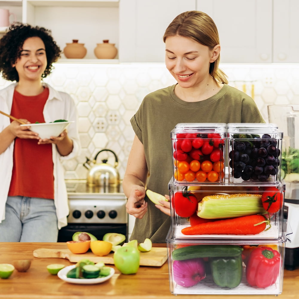 Set of 7 Fridge Organizer Refrigerator Organizer Bins with Lids, Fridge Organization and Storage Clear Containers, Stackable Plastic Pantry Storage Bins for Fruits, Vegetable, Food, BPA Free Kosbon