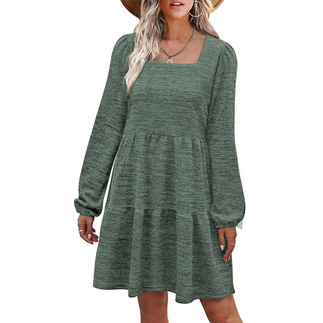 Vestido de manga larga, cuello cuadrado, color puro, diseño escalonado, manga abombada, vestido de túnica de verano para mujer, para fiesta, oficina, OD verde L