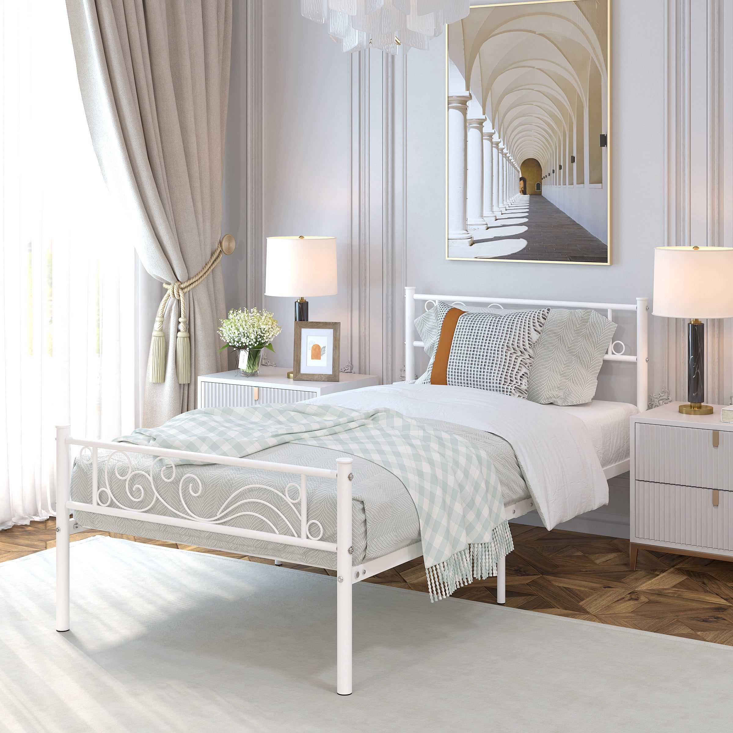 Yoneston Twin Size Metal Platform Bed Frame with Headboard Footboard for Boys Girls Kids Adults, White