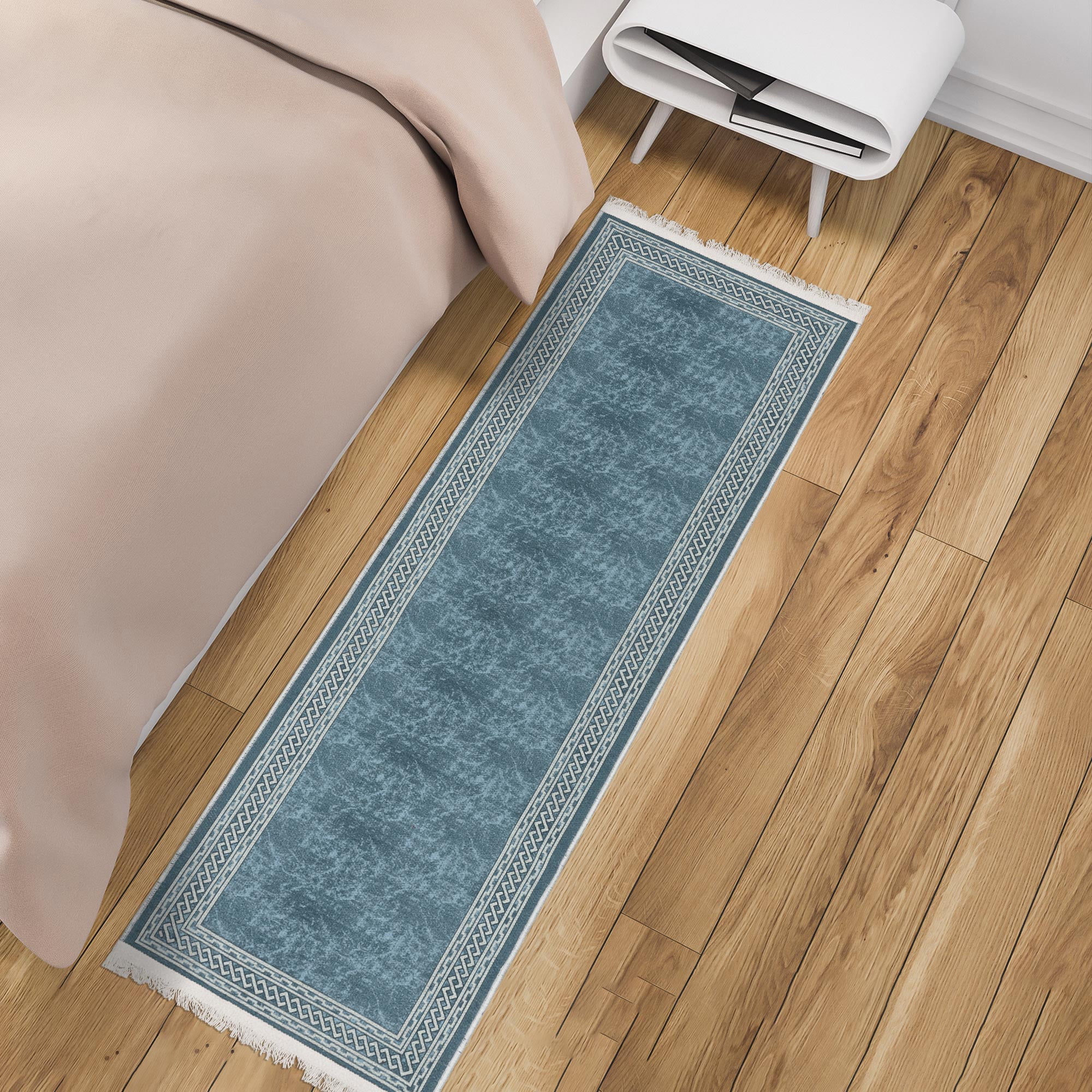 Ottomanson Machine Washable Cotton 2x5 Flatweave Runner Rug for Bedroom, 20" x 59", Blue Border