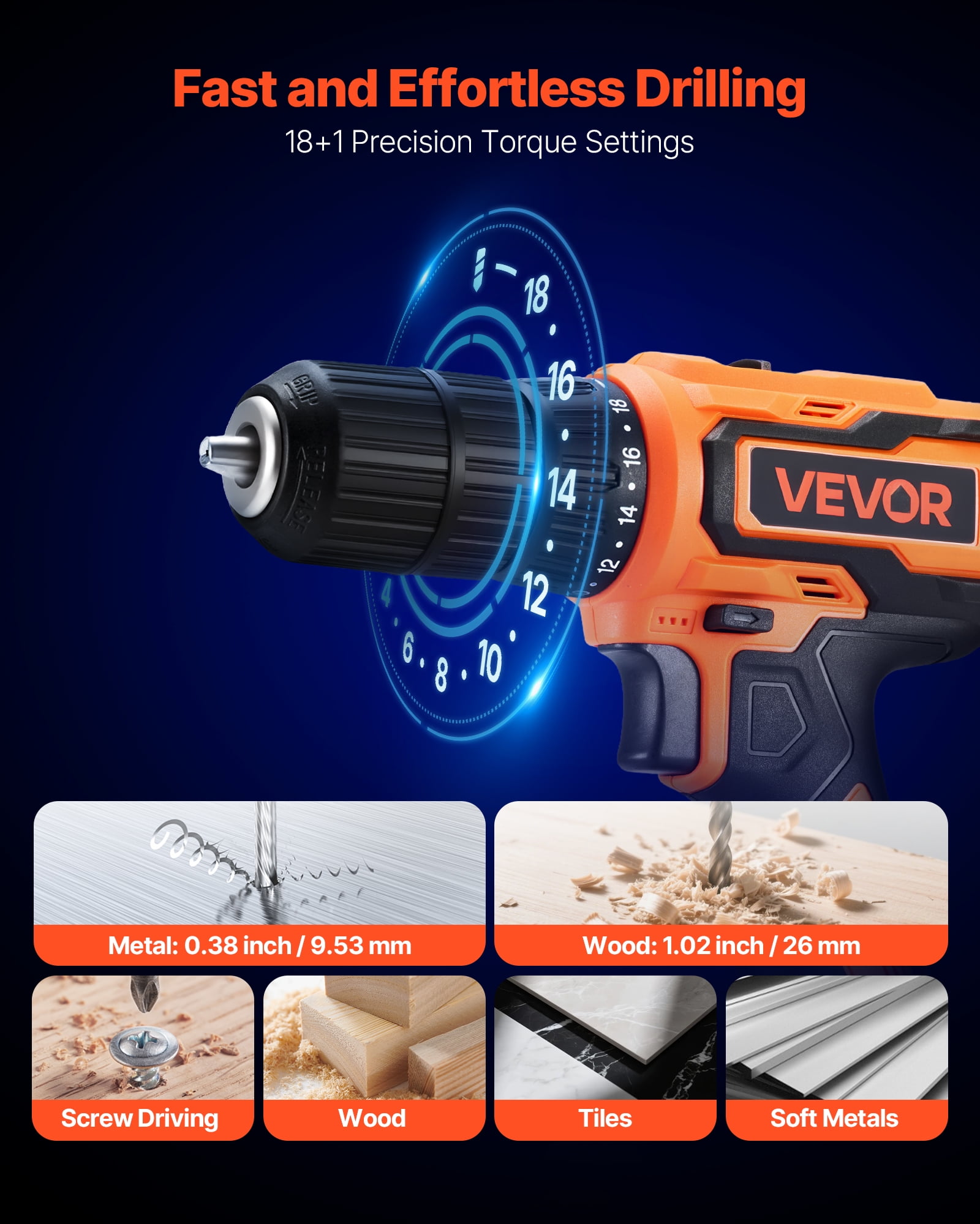 VEVOR Cordless Drill Driver, 1/2 inch Metal Chuck, Dual-Speed Variable, Drill Driver Kit with Lithium Battery and Charger, Belt Clip, for Wood and Metal Drilling, Screw Tightening or Loosening