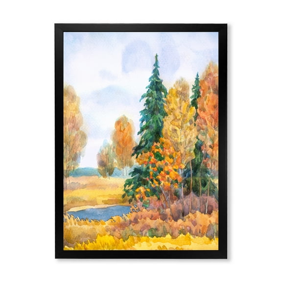 Designart 'Autumn Forest By The Lake Side V' Lake House Framed Art Print