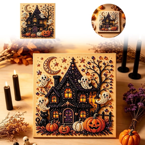 Halloween Pearl Diamond Painting Art Kit with Frame for Adults & Beginners, Gemstone Diamond Dots Beads Painting for Home Wall Decor Halloween
