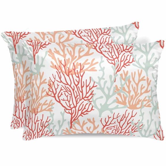 Red Orange Grey Coral Coastal Pillow Cases King Size Set of 2, Smooth Satin Pillowcase for Hair and Skin, Summer Beach Seaside Nautical Decorative Cooling Bed Pillow Covers with Zipper, 20x36 Inches