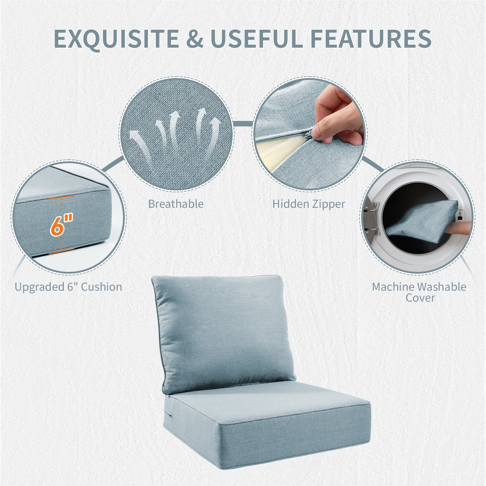Outdoor Chair Cushions Set 24 x 24 x 6 inch, Waterproof & Fade Resistant Patio Furniture Replacement Deep Seat & Back Cushions for Patio Chair Sofa Couch, Baby Blue