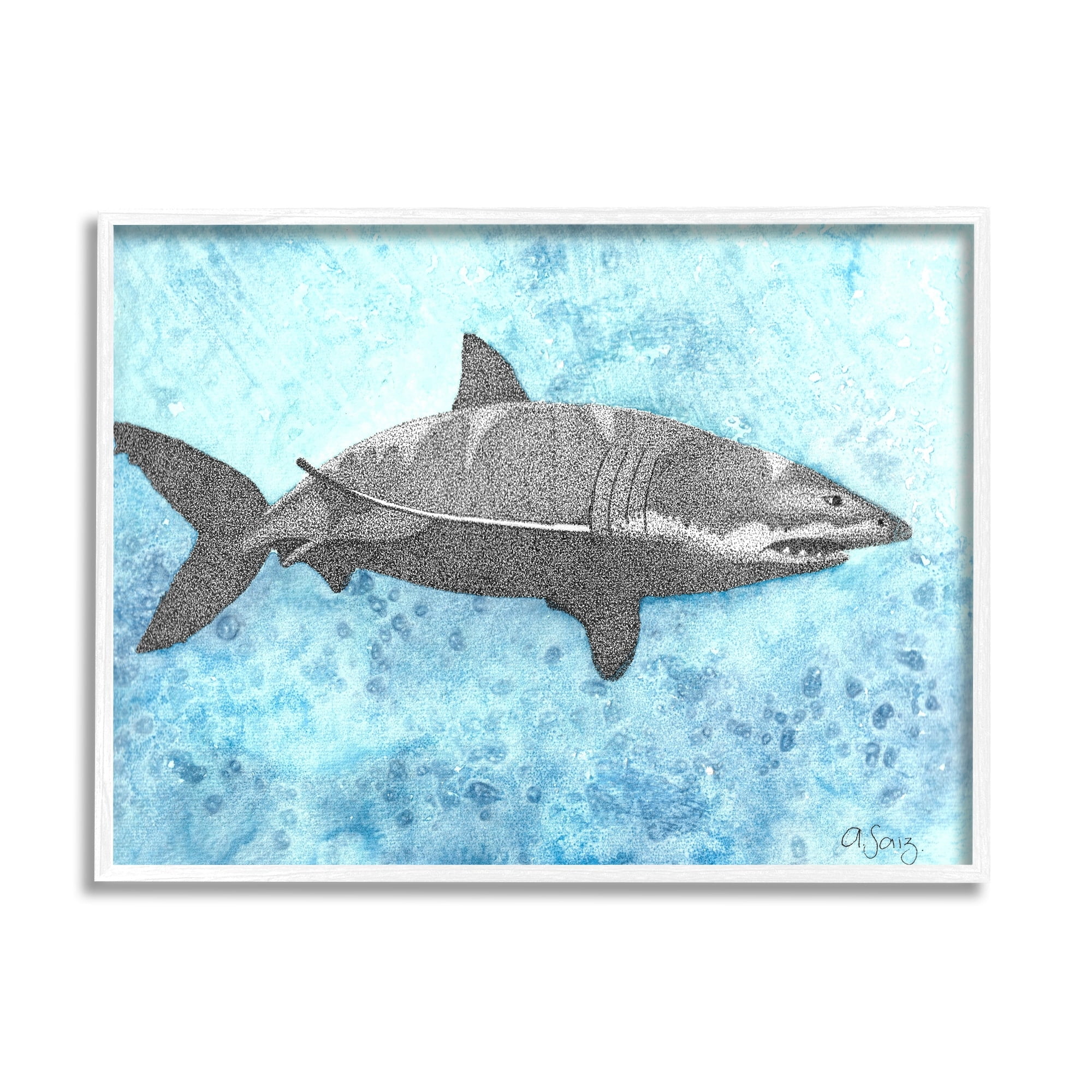 Stupell Industries Great White Shark Aqua Blue Ocean Water Splash Framed Wall Art, 14 x 11, Design by Ale Saiz Studio