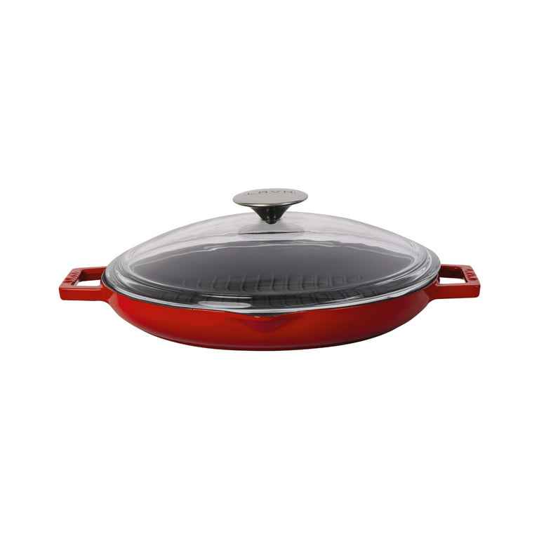 Bruntmor Red Enameled Deep Round Grill Cast Iron Griddle Pan with Glass Lid  10 Inch Non-Stick Round Frying Pan Cast Iron Skillet with Double Loop