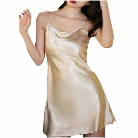 ZyeKqe Womens Satin Nightgowns Spaghetti Strap Sleeveless Mini Dress V Neck Short Chemise Lingerie Ladies Loungewear