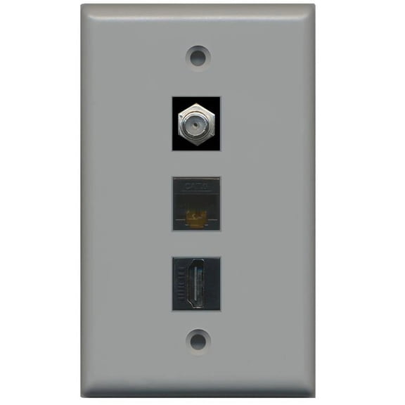 RiteAV 1 Gang Wall Plate (Gray) 3 Port - Coax (Black) Cat6 (Black) HDMI (Black)