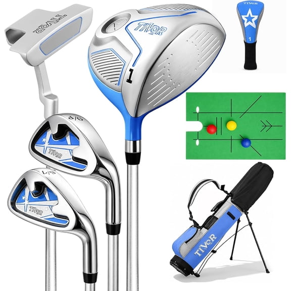 Tivor 4 Piece Junior Golf Club Set,Right Handed with Standbag and 1 Head Cover,Blue