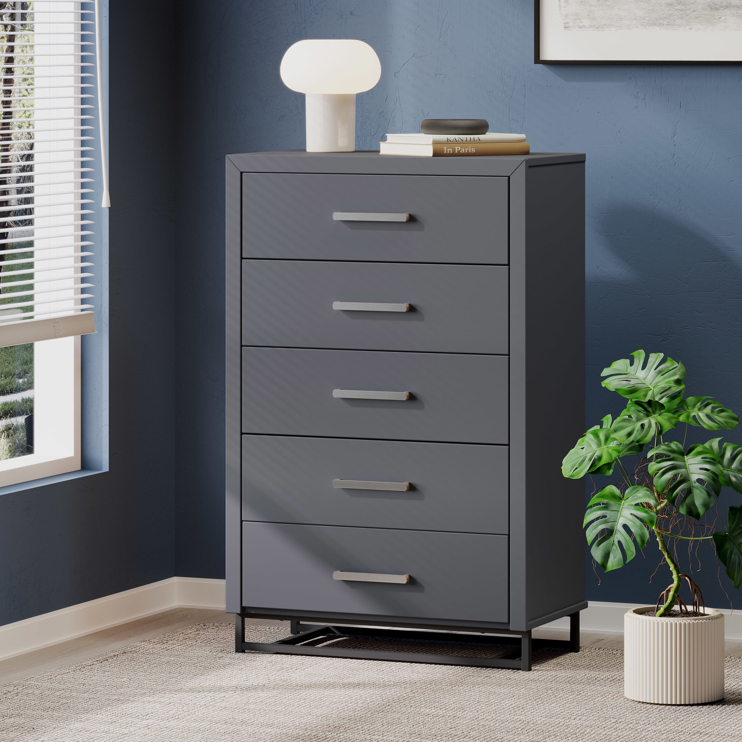 Noble House Cayuga Faux Wood 5 Drawer Dresser, Charcoal Gray and Black