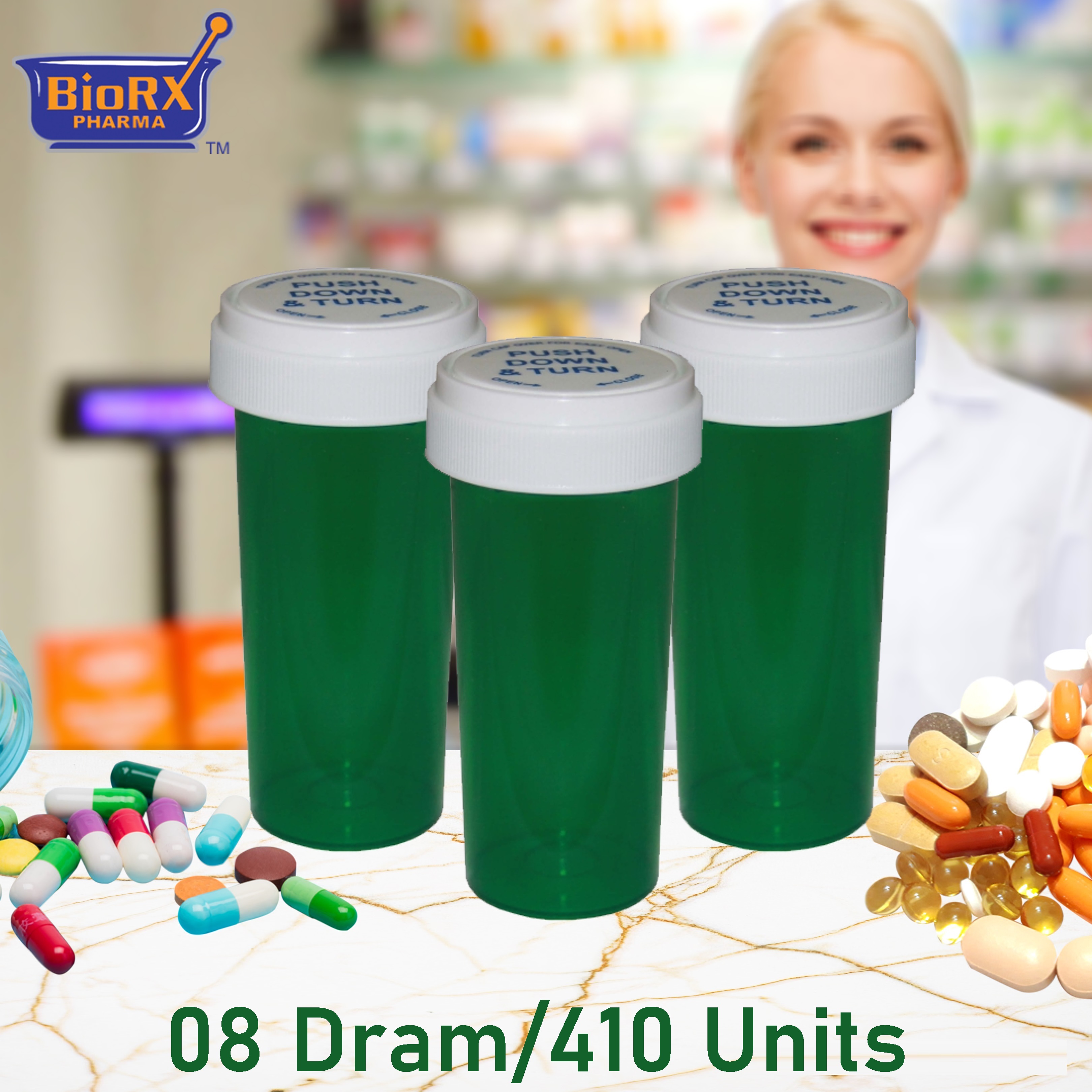 Reversible Pharmacy Vials GREEN 08 Dram Dual Purpose, Caps Included