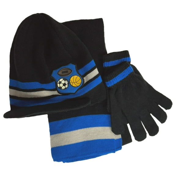 Boys 3PC Beanie Scarf & Gloves Set Blue Striped Knit Winter Stocking Cap Hat