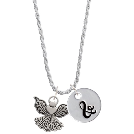 Delight Jewelry Silvertone Angel with Heart Silvertone Script Initial Disc - & - Charm Necklace, 20"+3"