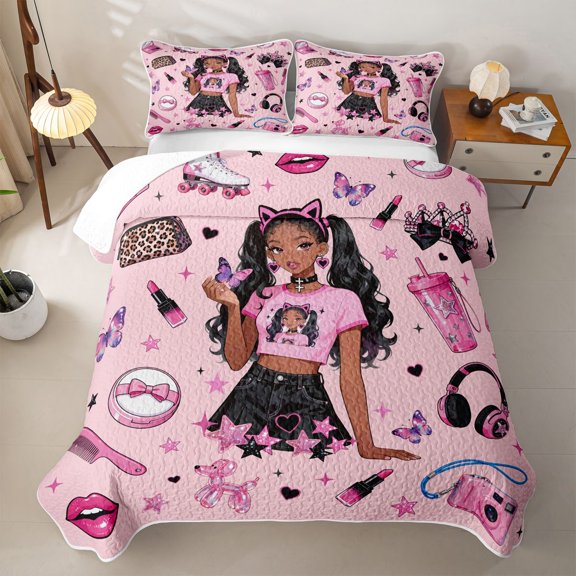 Erosebridal Cute Black Girls Twin Quilt Set,Kids Lipstick Cosmetics Pink Sequin Print Stars Twin Coverlet Set,2 Pieces