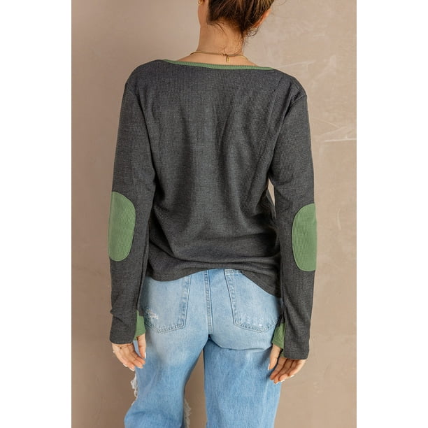 ABPHQTO Top gris de manga larga con parche en el codo en contraste para mujer