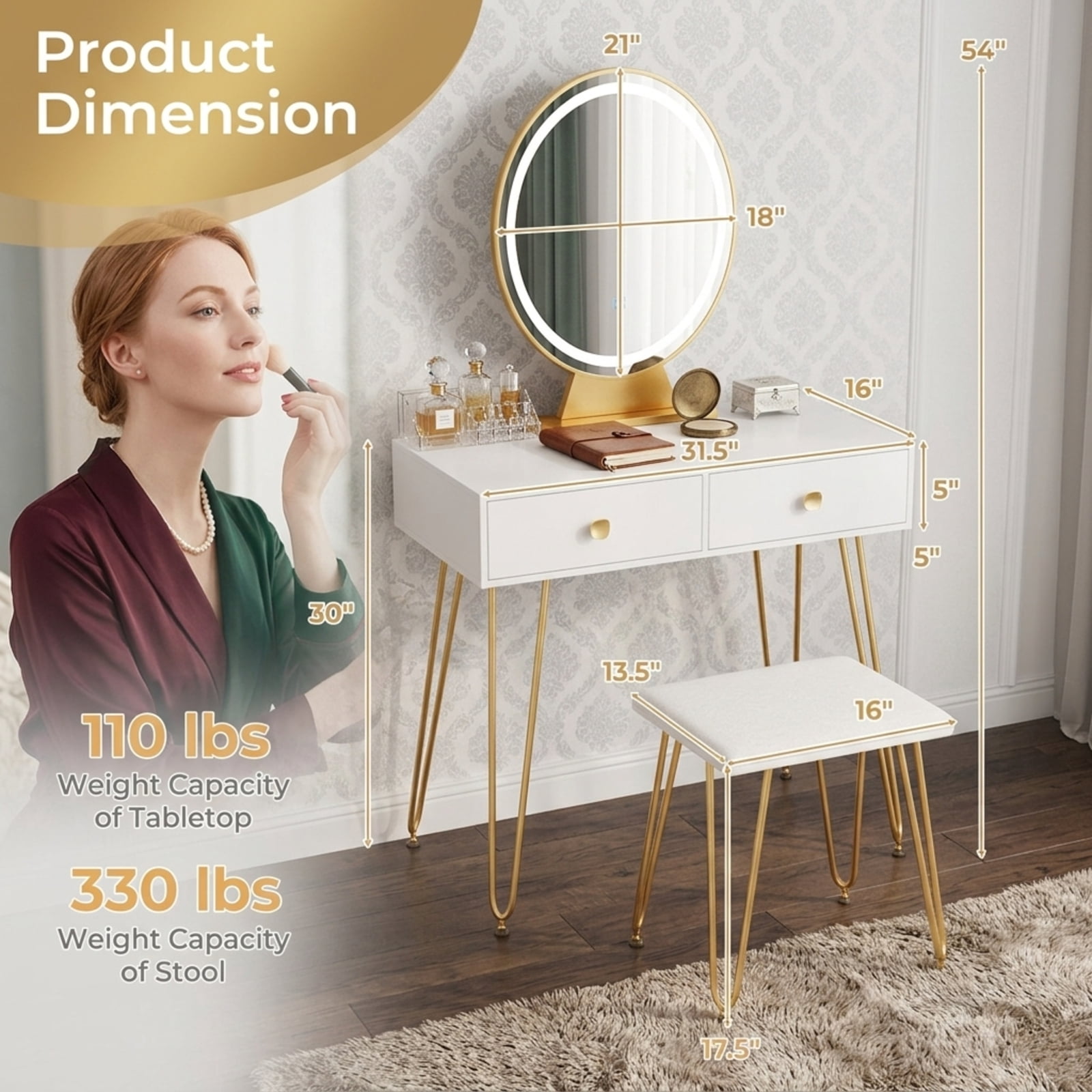 Furnibear Industrial Makeup Dressing Table with 3 Lighting Modes for Bedroom Makeup Dressing Room Vanity Desk Mirror Set, White
