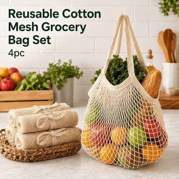 MORAVE 4 Pack Mesh Grocery Bags, Reusable Cotton String Totes with Long Handles, Heavy Duty Up to 40lbs, for Produce, Fruits, Vegetables, Market & Beach