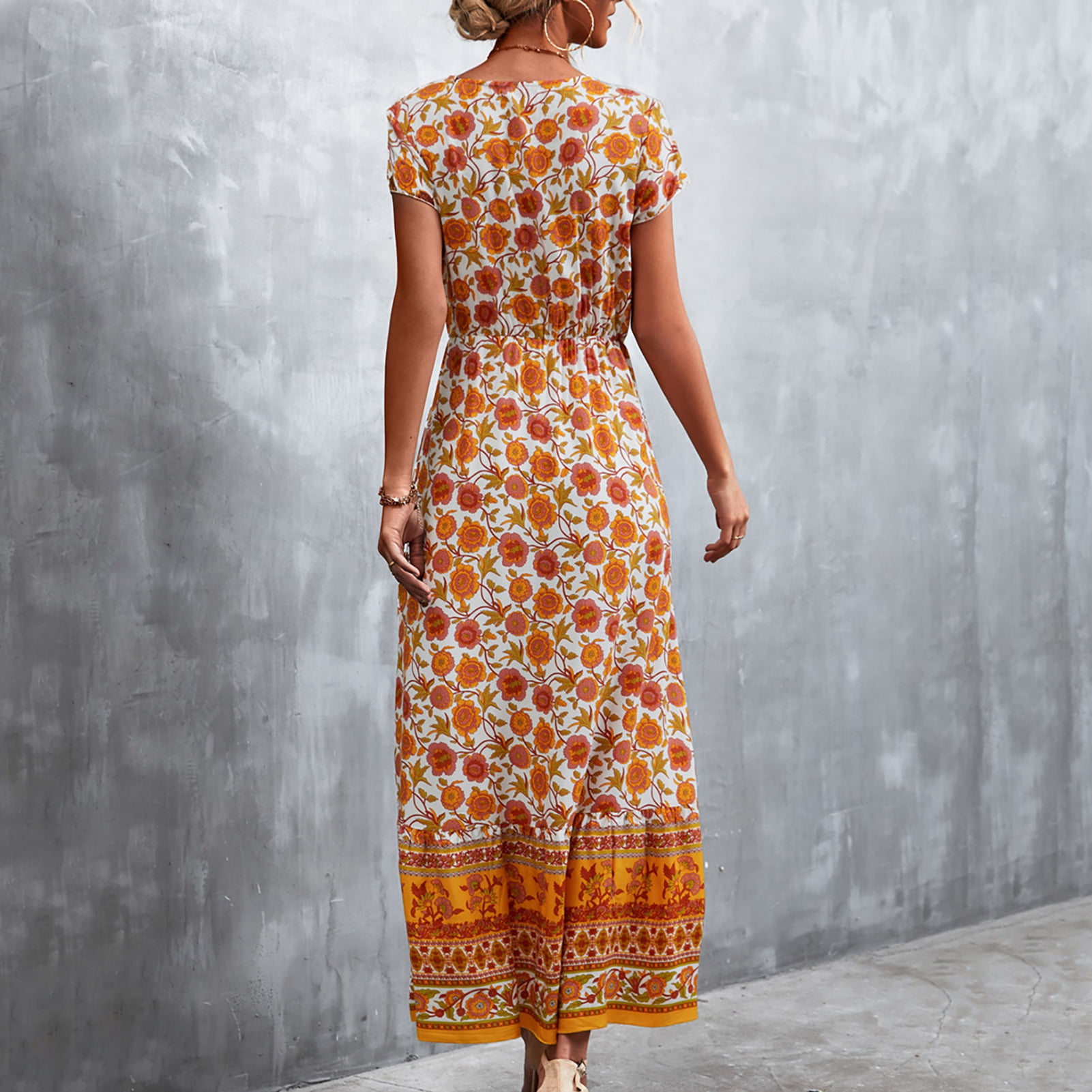 Femmes Robe a Fleurs V Cou Elegant Imprime Floral Robe Manches Courtes pour Porter Tous les Jours Orange Jaune S