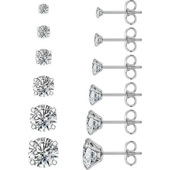 Nmkwnr 6 Pairs 14K Plated 316L Stainless Steel Earrings 2-6mm Round Cubic Zirconia Stud Earrings for Women, Silver