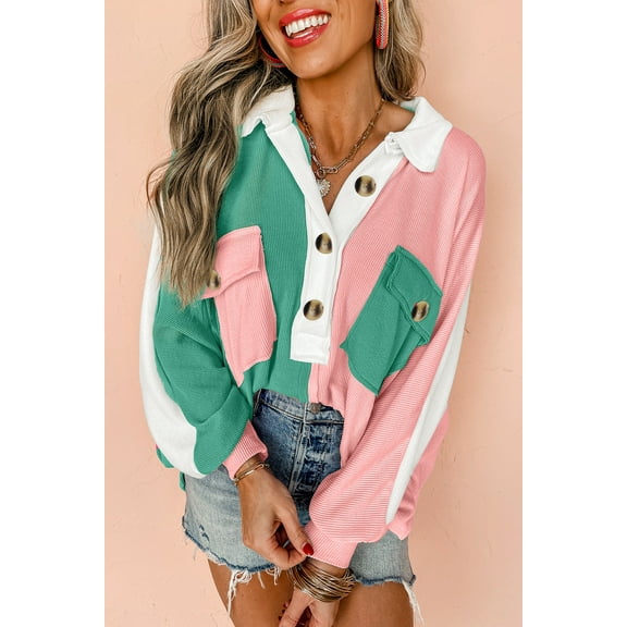 Ushdele Vibrant Pink Colorblock Oversized Ribbed Collared Sweatshirt - Stand Out in Style!