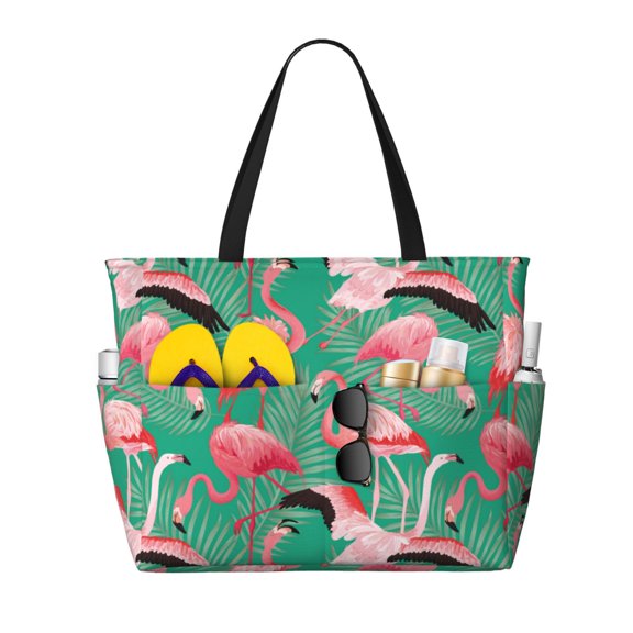 Large Beach Bags Water-resistant Sandproof - Tropical Flamingo A Cute Beach Tote Bags for Women with Zipper