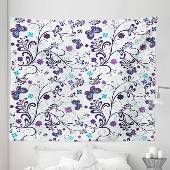 Floral Tapestry, Spring with Flying Inspirational Butterflies and Swirls Branches Design, Fabric Wall Hanging Decor for Bedroom Living Room Dorm, 5 Sizes, Dark Purple Pale Blue, by Ambesonne