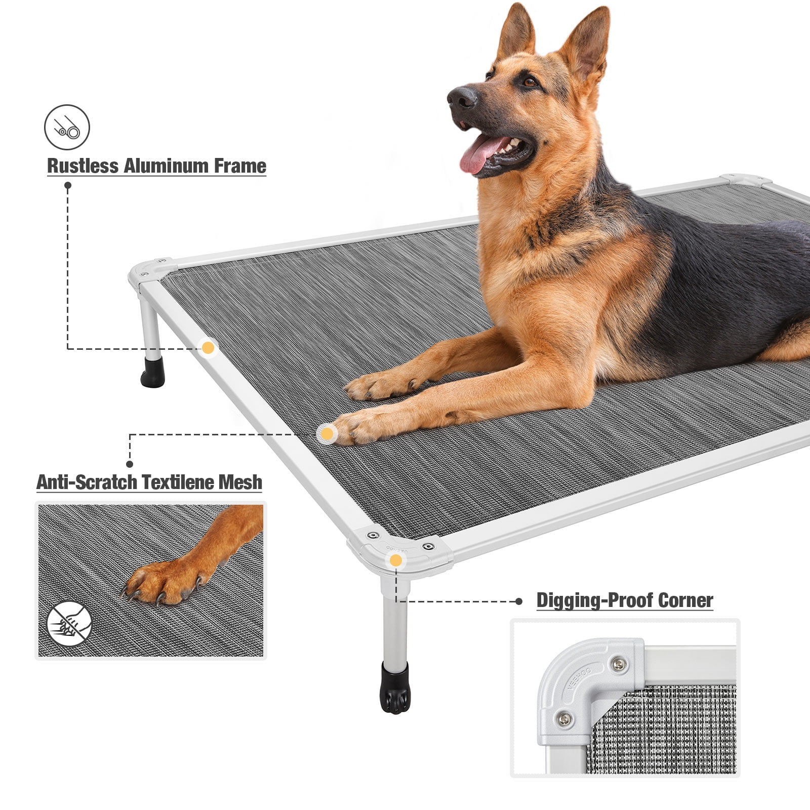 Veehoo Chew Proof Dog Bed, Rustless Aluminum Frame and Textilene Mesh Fabric, Black Silver, XX Large