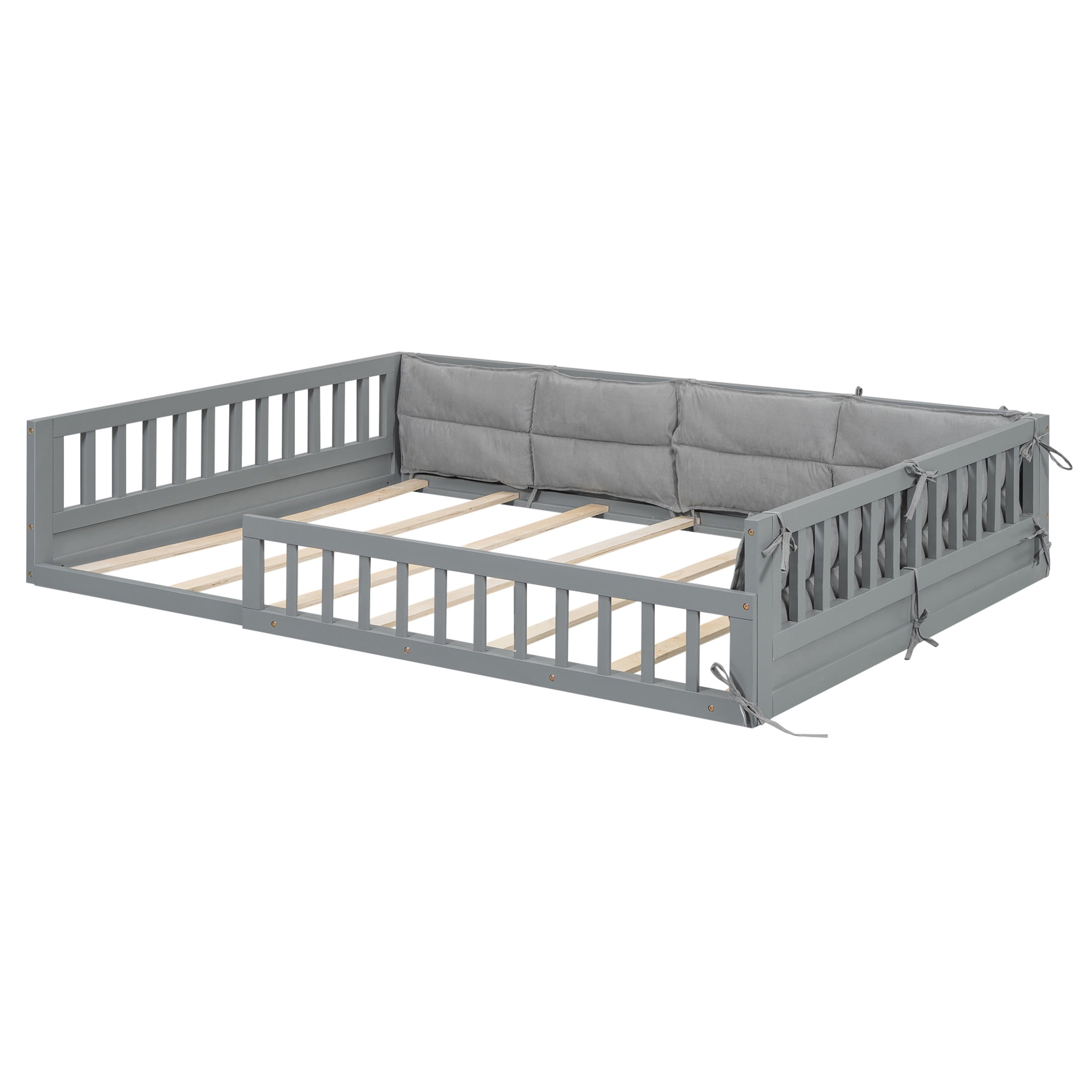 Noble House Myrrh Full Size Upholstered Platform Bed with Guardrails and Plush Pillows, Pine Wood Frame, Gray