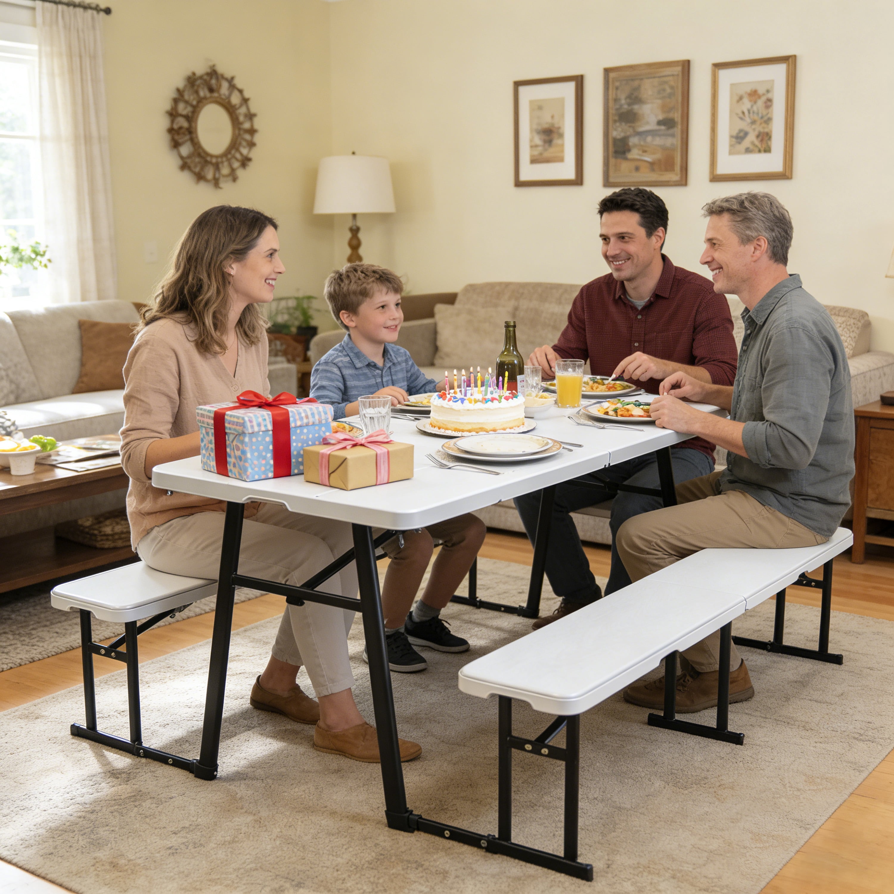 Living and More 3-Piece Picnic Table Set, 6 Foot Polyethylene Folding Table with 2 Folding Benches, Weather Resistant, Indoor Outdoor, White Wood Finish with Black Legs