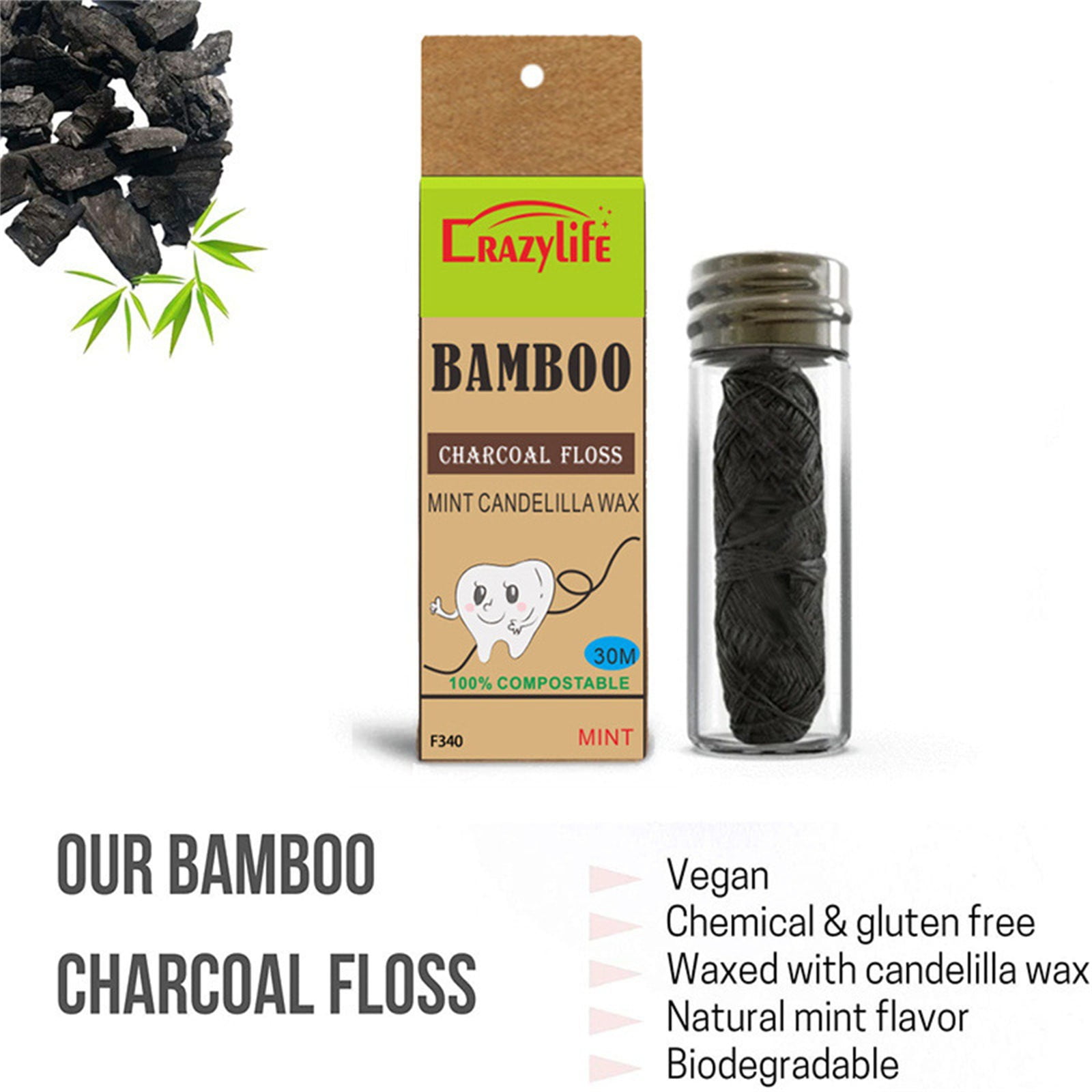 Ertutuyi Vegan Charcoal Floss Floss Based Wax Floss with Natural Mint Flavorin Charcoal Biodegradable Floss Container, Size: One Size