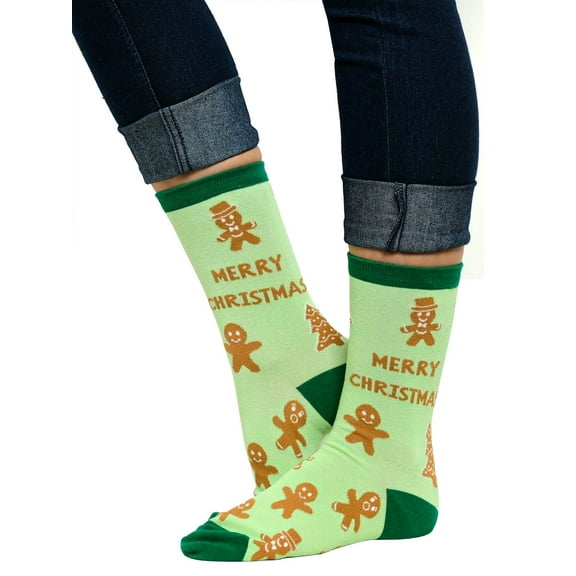 Women's Gingerbread Cookie Christmas Socks Novelty All-Over Print Green Crew