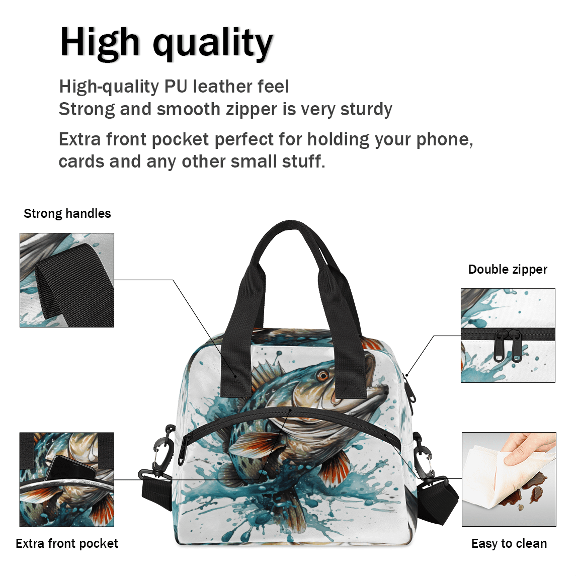 Herdesigns Funny Fish Insulated Lunch Bag for Women Men Adults Large Reusable Lunch Box Bass Fish Leakproof Cooler Tote Bags with Adjustable Shoulder Strap