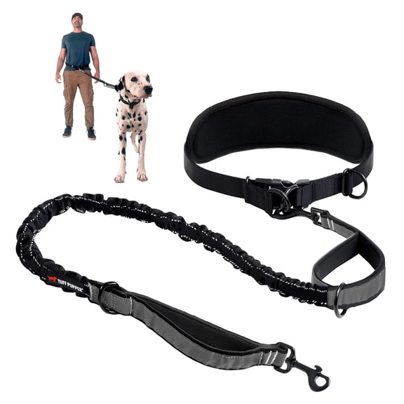 Heavy Duty Hands Free Dog Leash With Shock Absorbing Bungee and Reflective Padded Handles, Fits Large Dogs Up to 125 Lbs, Adjustable Lumbar Waist Belt From 28 to 50 Inches for Walking Jogging Running