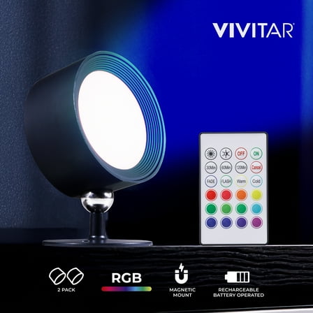 Vivitar RGB Puck Lights 2 Pack – Rechargeable LED Lighting with Remote Control and Stand