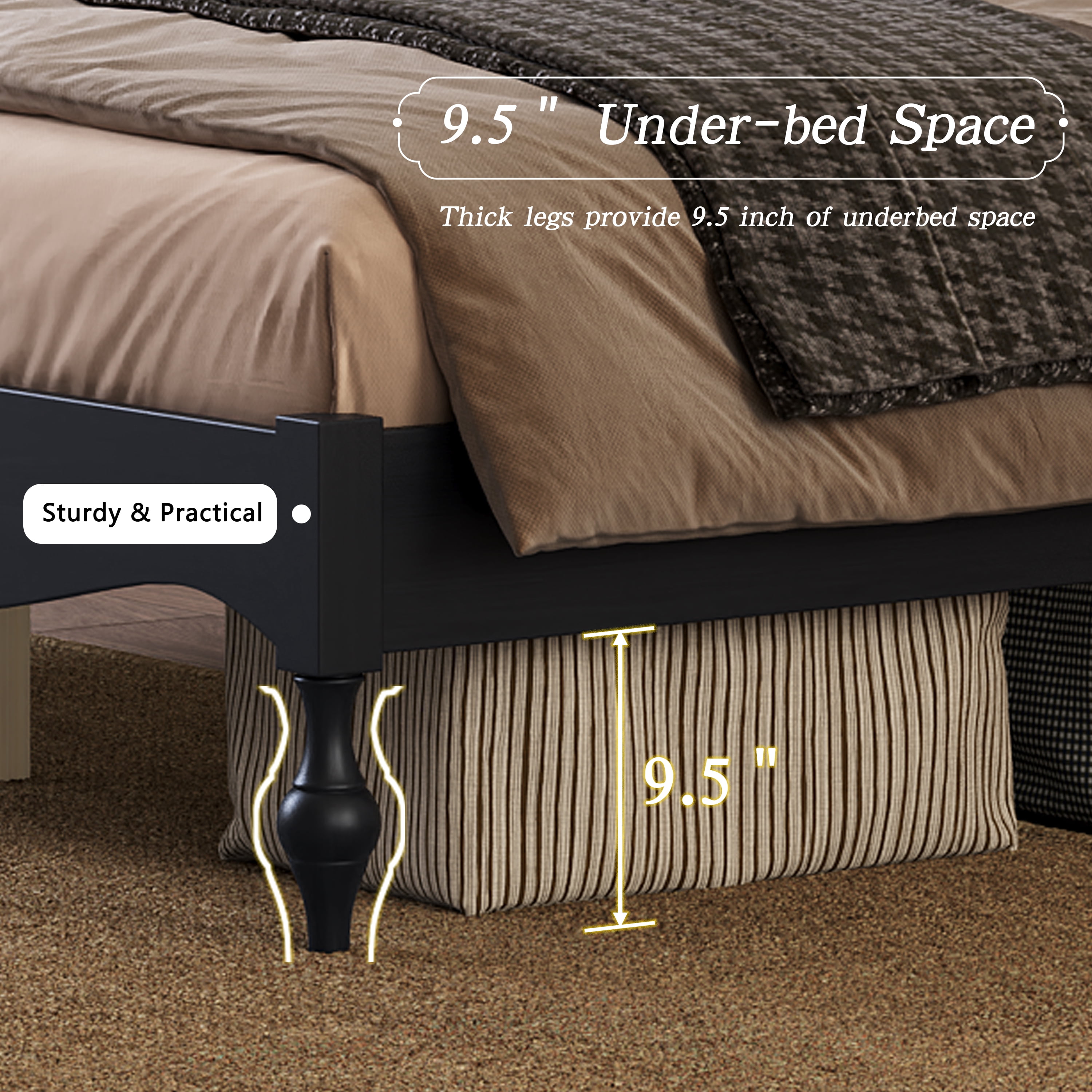 Mintazer Vintage Curved Queen Platform Bed with Traditional Arched Headboard & Turned Legs for Bedroom, No Box Spring Needed, Easy Assembly, Black
