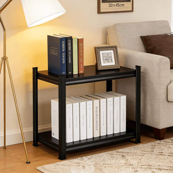 2 Tier BookShelf, Metal Bookshelves, Heavy Duty Steel Bookcases, Large Storage Capacity Adjustable Tall Industrial Bookshelf for Living Room, Bedroom and Study Room, Black (22''Hx16''Wx16''D)
