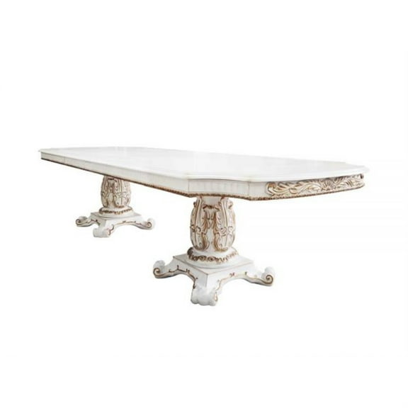 ACME Vendome Wooden Double Pedestal Dining Table in Antique Pearl and White